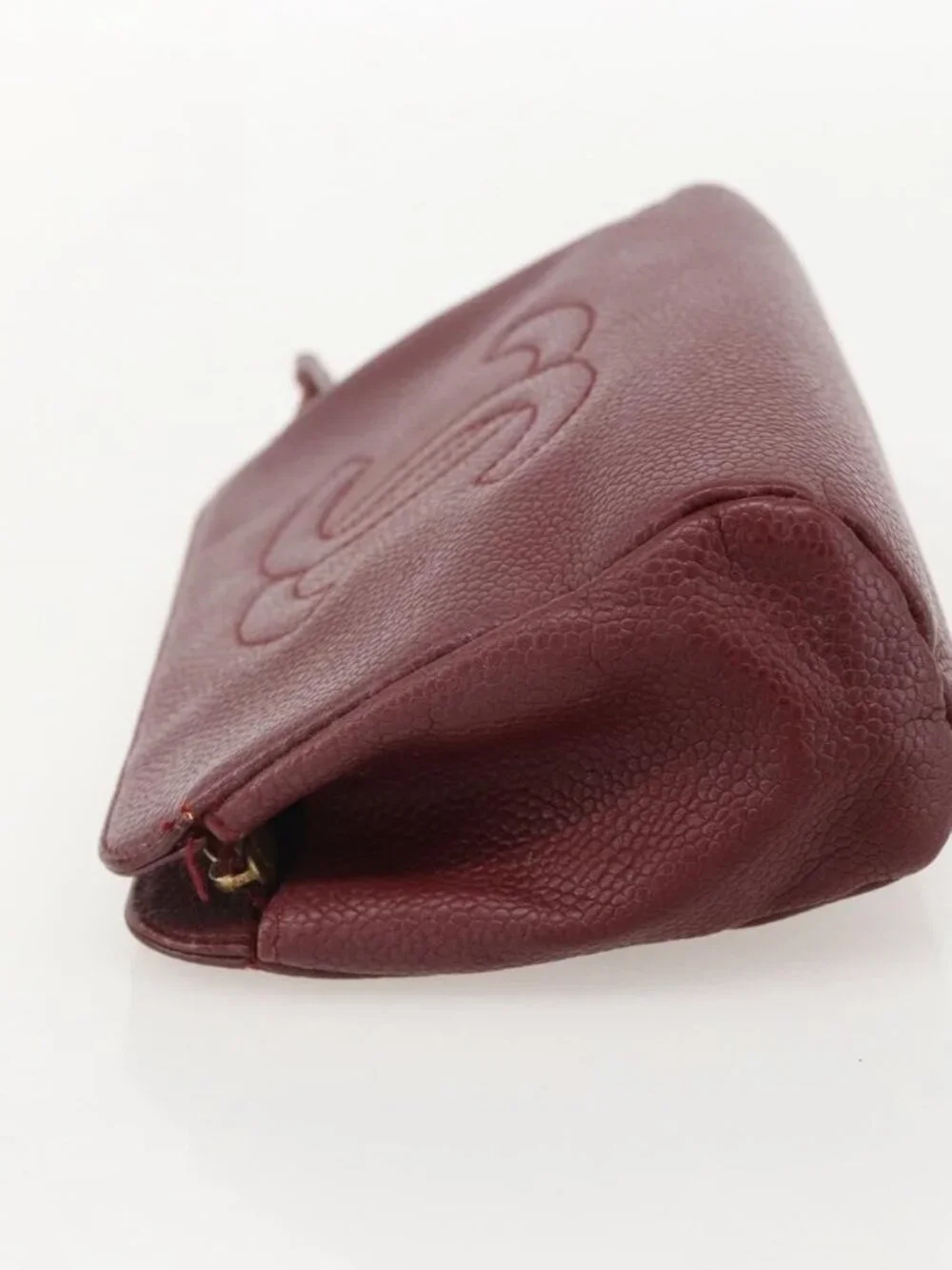 CHANEL Pouch Grained Calf Skin Bordeaux Gold CC Auth yk20274